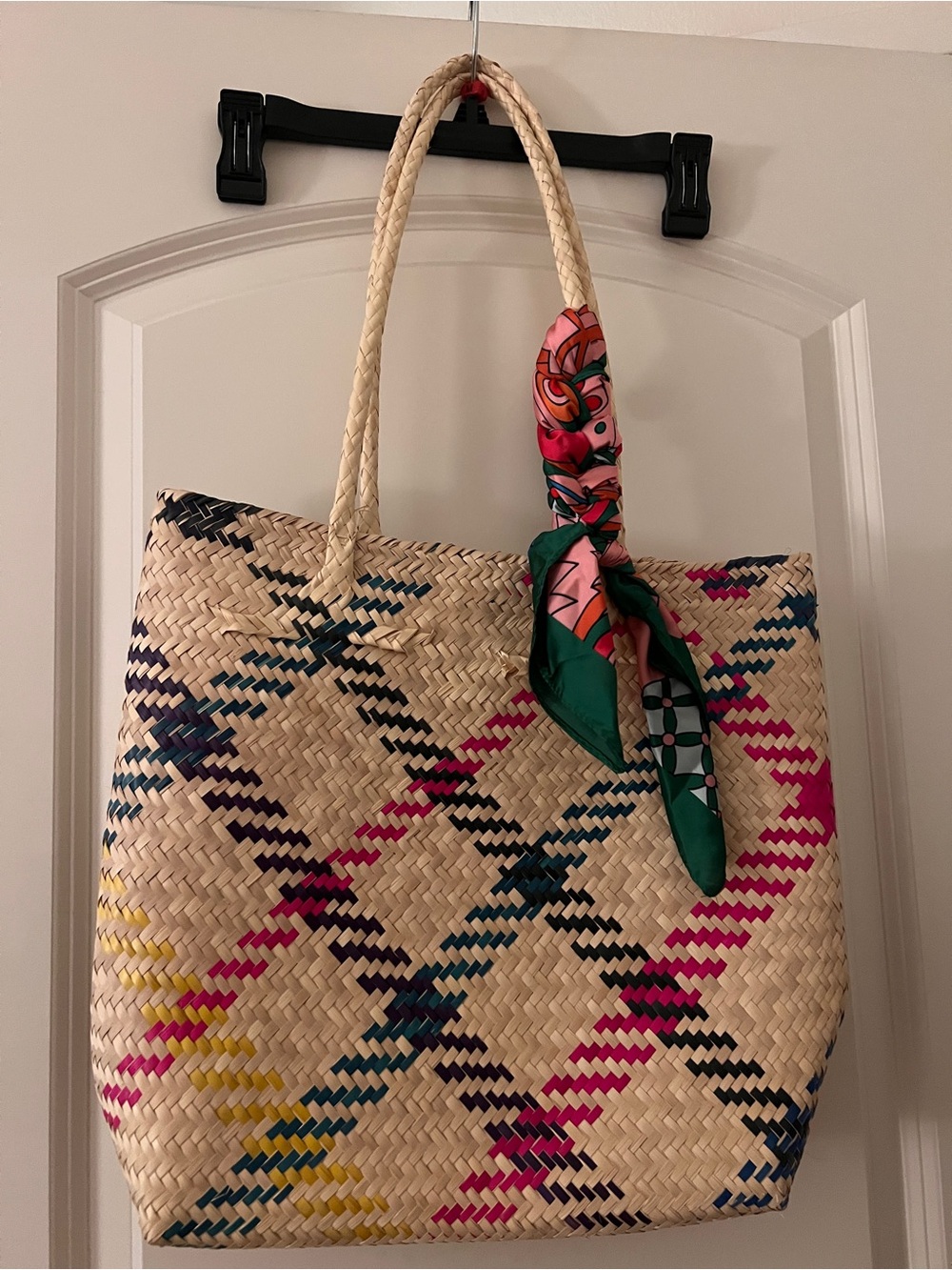 Woven Straw Tote Bag with Colorful Pattern(scarf not included) 15x12 inches